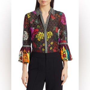 NWT Alice Olivia Rivera Floral & Diamond Print Silk-Blend Blouse